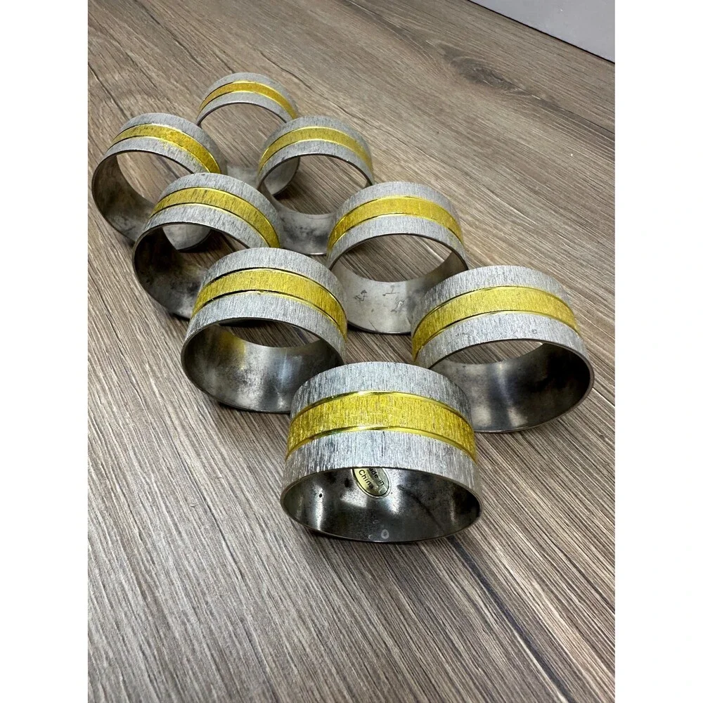 Vintage Mixed Metal Brushed Texture Napkin Rings Silver and Gold Set of 8